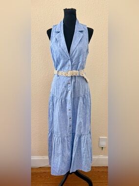 NWT Zara Sleeveless Chambray Belted Button-Front Maxi Dress in Light Blue SM-MD